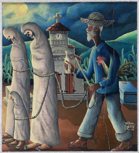 Zonbi, Wilson Biguad, 1953 -- Born in Port-au-Prince, Bigaud was discovered by Hector Hyppolite, who brought him to Le Centre d'Art in 1946. During his career, Bigaud has seen much political upheaval in Haiti. In the late 1950s, his expressions turned toward violent feelings and his world was transformed into a demonic place, resulting in an emotional collapse and several nervous breakdowns between 1957 and 1961. His painting, Zombies deals with the religious fraternities known as secret societies. Today, some function as strictly religious organizations; others are used as fronts for illegal activities. For a long period, Haiti lacked the infrastructure to be truly governable from its capital city, Port-au-Prince. So, before Duvalier instituted the system of section chiefs, the countryside was in effect governed by vodou secret societies that controlled the rituals of zombification. The zonbi is characterized as lifeless because of a nerve toxin that may have been administered by members of the secret society. This would have been done clandestinely to destructive or overly offensive members of the community (usually in rural areas) as part of a mock death sentence followed by a real funeral. Later, members of the secret society would break open the grave of the 'dead' person, resuscitate him or her, and banish them from the area. Sometimes brain damage would result from either the toxin or the lack of oxygen during entombment. The zonbi character is central to Haitian folklore. It articulates a memory of the loss of control over self suffered during the period of slavery--a very real cultural event in Haitian history. In Bigaud's painting the zonbi has further reference to the physical labor of slaves on Haitian plantations. The zonbi-slave is forced to do mindless labor on a plantation owned by a tyrant-sorcerer. He is led around on a leash, chained at night, and beaten when he does not respond quickly enough. 